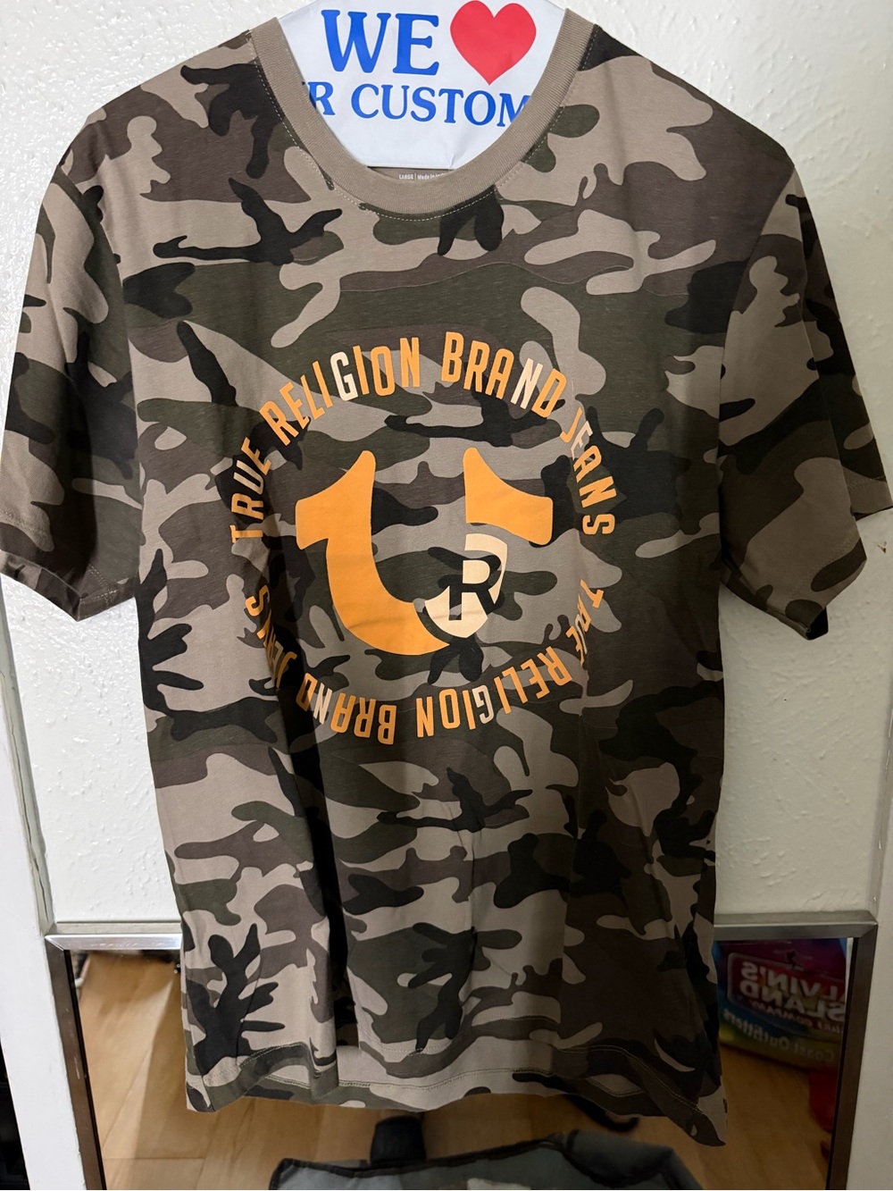 True Religion Olive Camo Short Sleeve Tee with Orange Logo